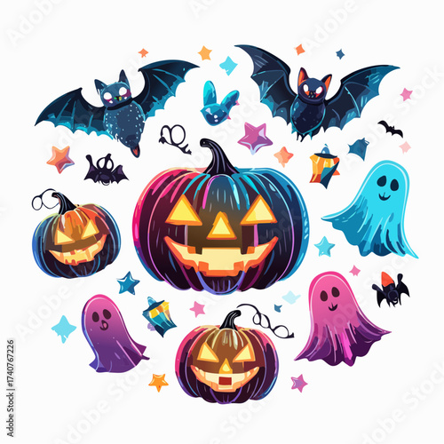 Neon Ghosts and Glowing Pumpkin Sci Fi Halloween Vector