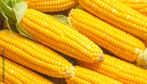 Close-up of fresh corn on the cob, yellow and green, healthy food
