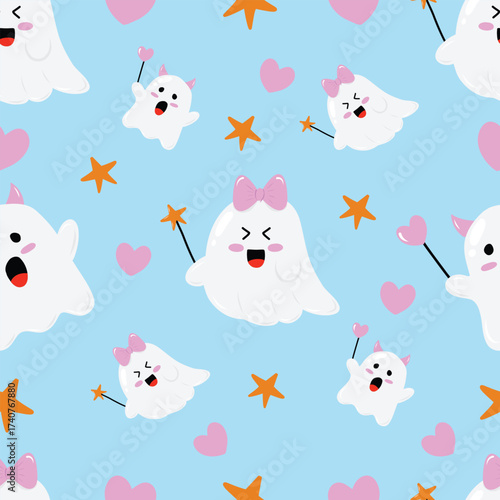 Cute ghost with heart and star on a blue background. Seamless pattern for clothing, fabric, wallpaper, backdrop, home decoration, cover book, and wall art.