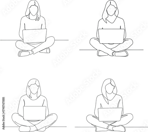 Woman sitting cross legged working on a laptop computer line art drawing and Continuous line drawing 