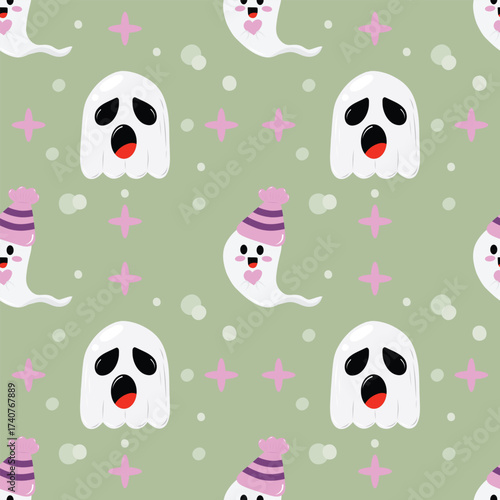 Cute ghost on a green background. Seamless pattern for clothing, fabric, wallpaper, backdrop, home decoration, cover book, and wall art.