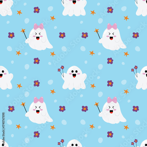 Cute ghost on a blue background. Seamless pattern for clothing, fabric, wallpaper, backdrop, home decoration, cover book, and wall art.