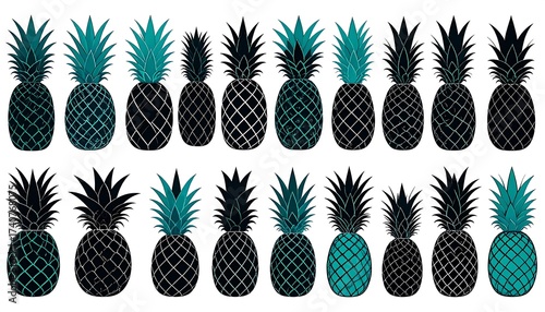 Collection of Stylized Pineapples in Teal and Black Pattern on White Background