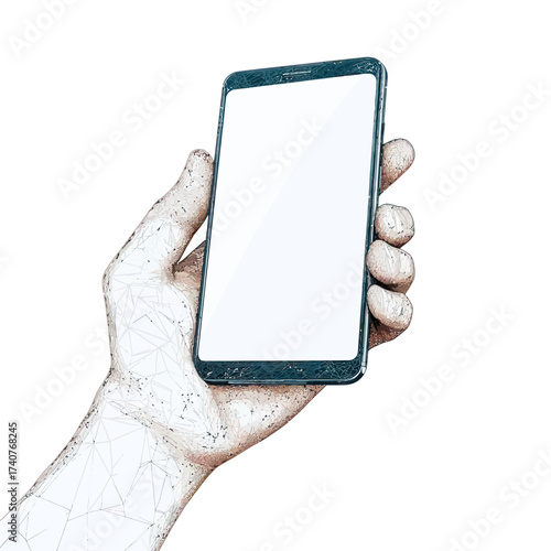 Hand holding modern smartphone with blank screen isolated on white background low poly wireframe digital illustration technology concept closeup mobile device gadget