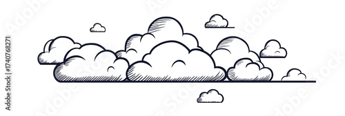 Hand drawn vector black and white cloud outline illustration with shading in minimalistic style for weather and nature concept design elements