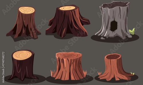 Set of six cartoon wooden tree stumps with various textures shapes and holes flat style natural forest wood elements illustration vector
