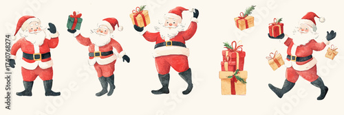 Watercolor Santa Claus in Festive Poses with Gift Boxes and Holiday Cheer Flat Minimalist Vector Illustration Series