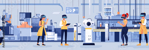 Industrial factory workers wearing virtual reality headsets using augmented reality technology controlling automated machinery in modern smart manufacturing facility vector illustration