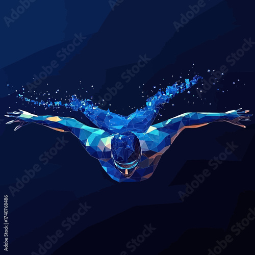 Abstract low poly polygonal swimmer in motion with dynamic starry particles on dark blue background digital vector illustration for sport and fitness concept design