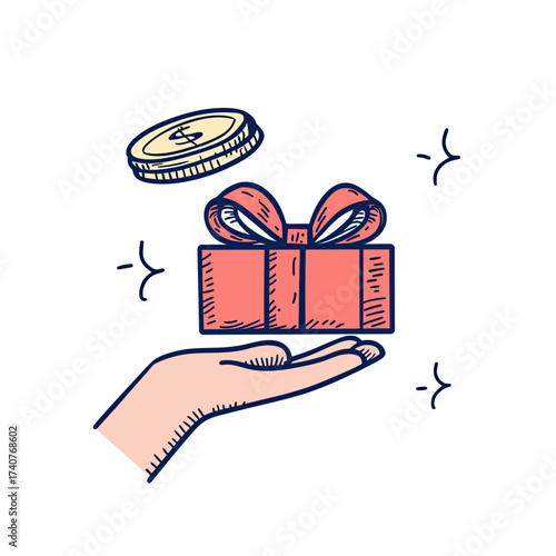 Hand holding gift box with ribbon and floating coin with dollar sign sketch style illustration for reward bonus point or loyalty program concept