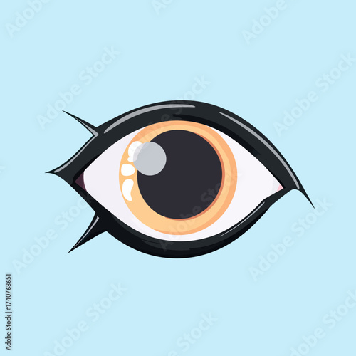 Minimalist stylized human eye with large orange iris and black eyeliner on light blue background vector illustration simple design