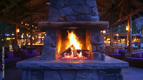 Cozy outdoor stone fireplace with burning logs and warm light atmosphere