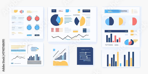 Set of flat minimalist business infographic elements with pie charts, bar graphs, line charts, data visualization and statistical analysis templates for presentation and report design