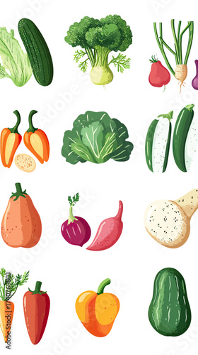 illustration of fresh assorted vegetables including cucumber, broccoli, kohlrabi, peppers, cabbage, radish, carrot, sweet potato, and avocado in flat minimalist style vector food concept