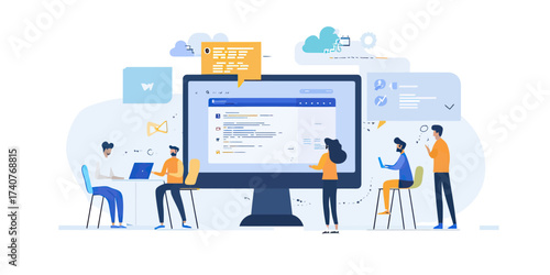 Team collaboration software developers working on cloud computing interface with laptops and large monitor for web application design in flat minimalist style