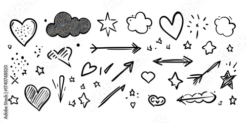 Hand drawn doodle sketch set of hearts, arrows, stars, clouds, and decorative elements in black line art and grunge style vector illustration for creative design