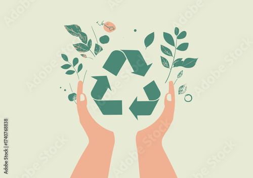 Hands holding green recycling symbol surrounded by leaves and nature elements sustainable environment conservation concept flat vector