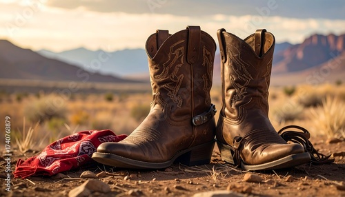 A close-up on well-worn leather cowboy boots & a red bandana on desert ground. Mountains & sky in the background