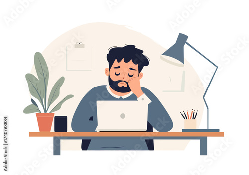 Tired male office worker sitting at desk with laptop rubbing eye, fatigue and burnout concept in flat minimalist style vector illustration
