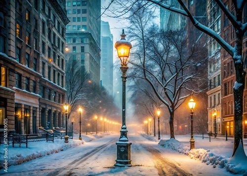 Snowy new york city street illuminated by vintage lampposts on a winter evening