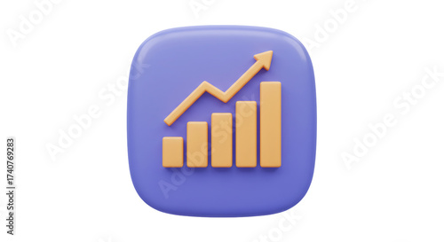 3D Render of a Purple Square Icon with an Orange Bar Chart and Arrow on Transparent Background