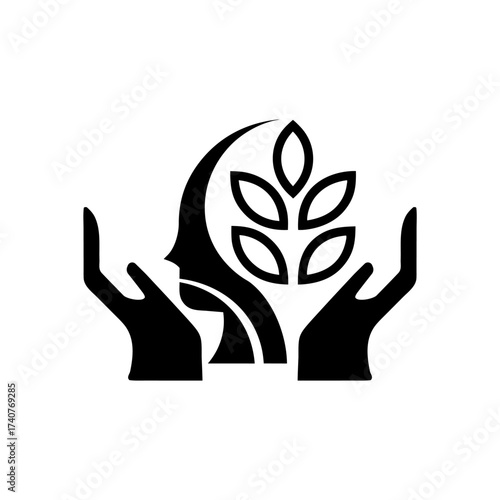 Minimalist line icon of a head with two hands, symbolizing scalp and head massage.