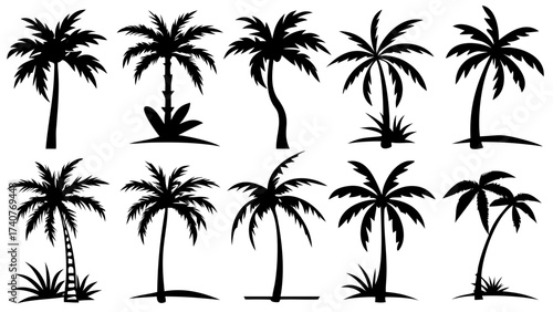 Tropical paradise silhouettes featuring an assortment of swaying palm trees ideal for summer vacation vibes and exotic island designs, a scalable design element
