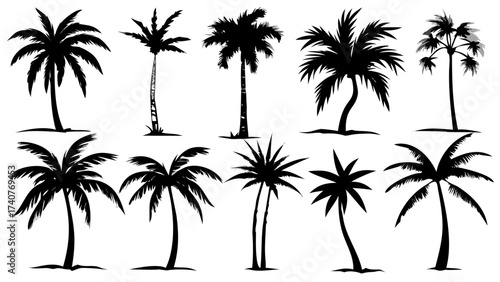 Tropical vibes with ten unique palm tree silhouettes, perfect for summer designs and vacation graphics, evoking paradise and relaxation, scalable vector origin
