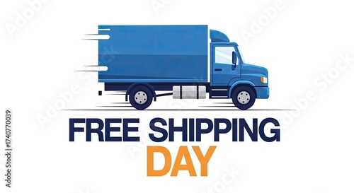 Blue delivery truck with free shipping day text