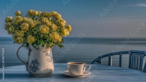 Yellow flowers in a vase and coffee cup on a table by the sea