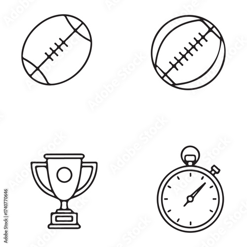 Rugby elements isolated on white background, including ball, trophy, and stopwatch