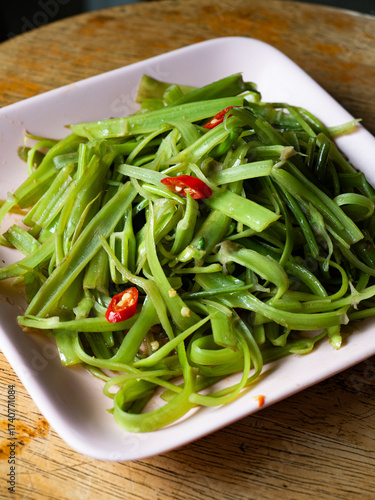stir fried morning glory or water spinach with chili
