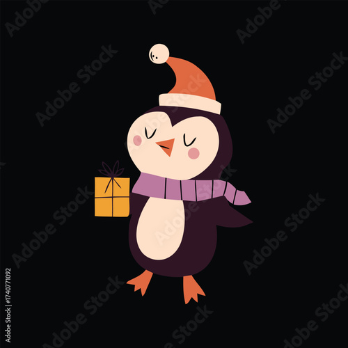 cheerful penguin with christmas gift
