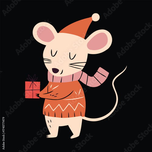 little mouse in sweater with christmas gift
