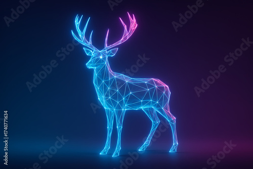 Neon reindeer illumination, glowing animal, blue pink light, digital art, geometric style, night scene