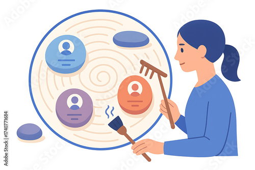 Zen HR Interface simple compose woman sand rake stone profile calm blue orange purple peaceful meditative digital illustration