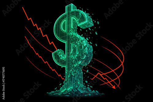 Dollar symbol collapse financial crisis red graph digital art broken economic downturn glowing glowing digital dollar symbol