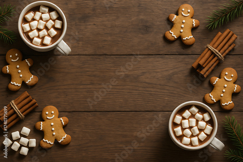 Hot chocolate marshmallow gingerbread cinnamon festive holiday wooden cozy cheerful winter beverage treat