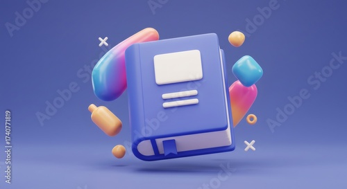Closed Blue Book Floating Among Colorful Abstract Shapes Against a Dark Blue Background in a 3D Render Style with Soft Lighting and Playful Illustration