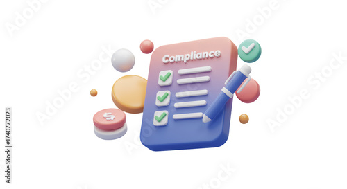 Compliance Checklist on Transparent Background with Floating Geometric Shapes and Checkmarks Illustration for Policy Adherence and Regulatory Standards
