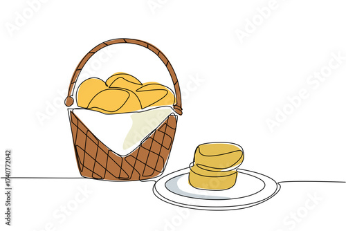 Single continuous line drawing buttermilk biscuits in rattan woven basket with a handle and a napkin base. Serving delicious snack. National Buttermilk Biscuit Day. One line design vector illustration