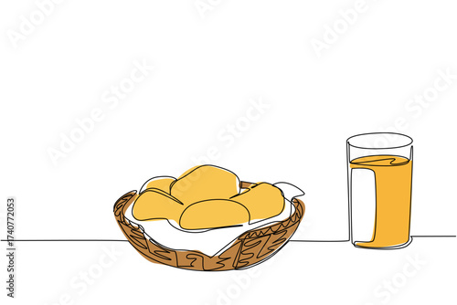 Single continuous line drawing buttermilk biscuits in a rattan wicker place and a glass of orange juice. High nutrient breakfast. National Buttermilk Biscuit Day. One line design vector illustration