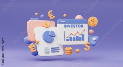 Conceptual Financial Data Presentation with Charts on Tablets and Coins on a Lilac Background for Investment Strategy Illustration