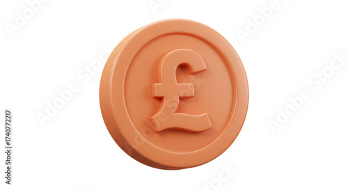 Copper Coin with Pound Symbol in Orange Hue Floating on Transparent Background Symbolic of Finance and Currency Single Object in Studio Lighting