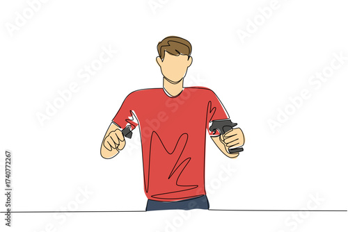 Continuous one line drawing a young man in casual clothes holds and breaks a gun with both hands. Live in peace. International Conscientious Objectors Day. Single line draw design vector illustration