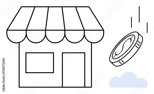 Small shop exterior with awning, square windows, and a coin. Ideal for retail, commerce, market, finance, shopping small business economy themes. Simple flat metaphor