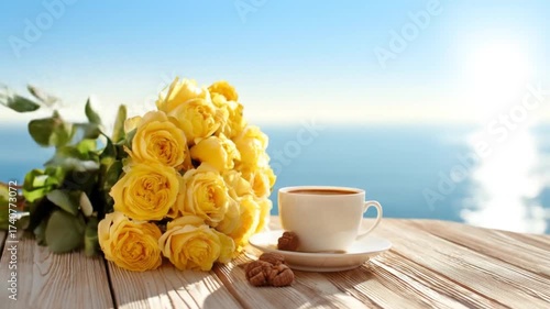 Yellow roses and coffee cup on wooden table near ocean