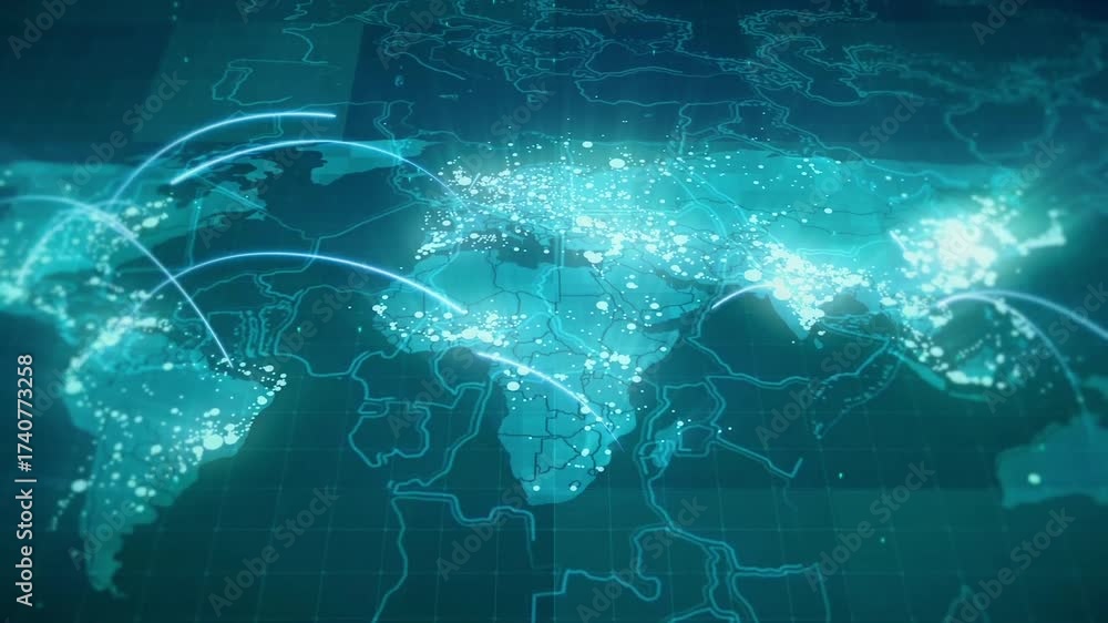 Globalization World Map, Blue Global network connection World map point and line composition screensaver footage view.