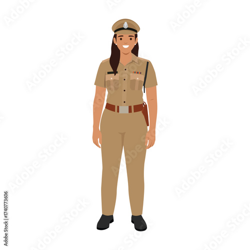 Indian female police officer in uniform, standing and smiling. Flat vector illustration isolated on white background