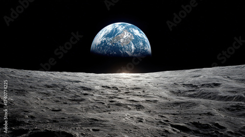 The Earth rising over the moon, with a bright sunlit horizon in a dark sky, as if seen from the surface of the moon. It's a beautiful and inspiring view